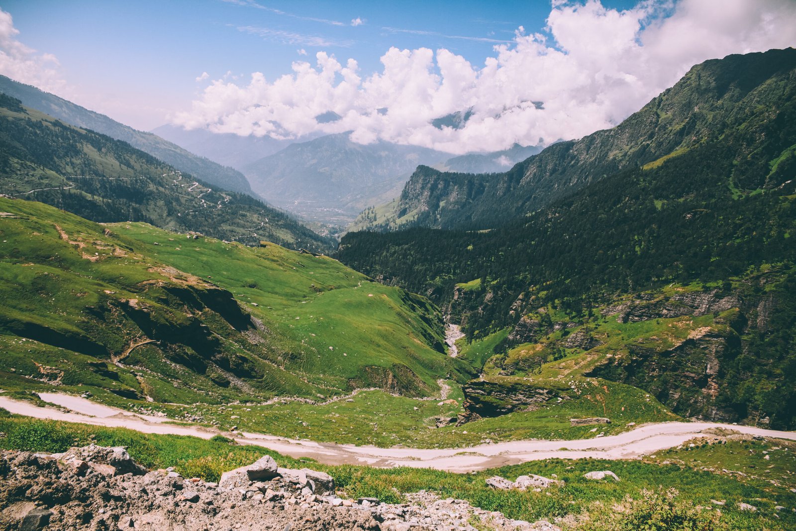 beautiful scenic landscape with mountain valley and pathway in Indian Himalayas, Rohtang Pass